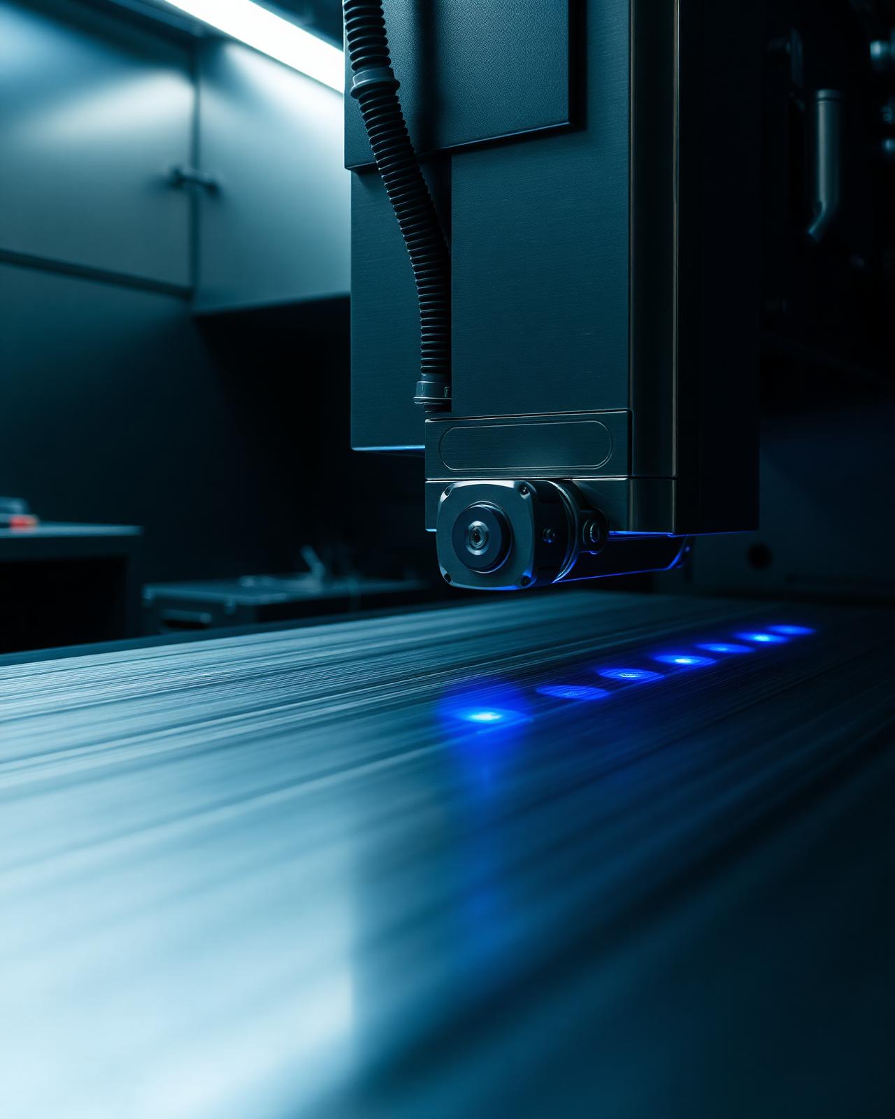 Präzise CNC-Bearbeitung mit technischer Blaulicht-Beleuchtung